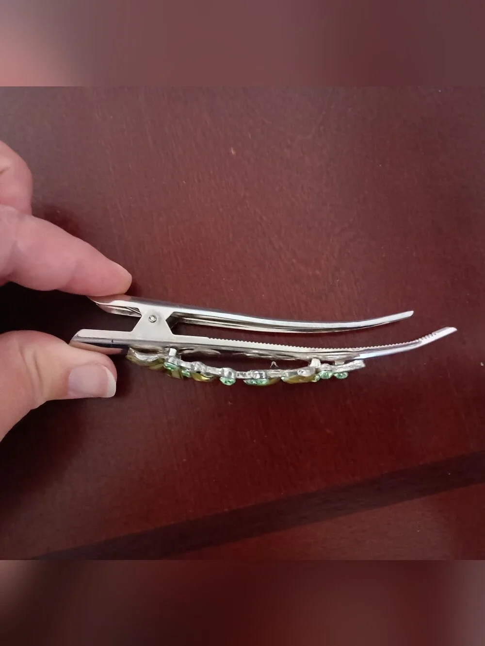 3/$10 🌟 Large Silver Hair Clip with Green Leaf & Crystal Floral Flower Accents